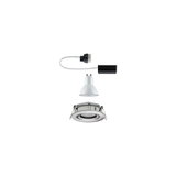 Exploded view of white GU10 LED spotlight insert with silver recessed frame and connection cable.
