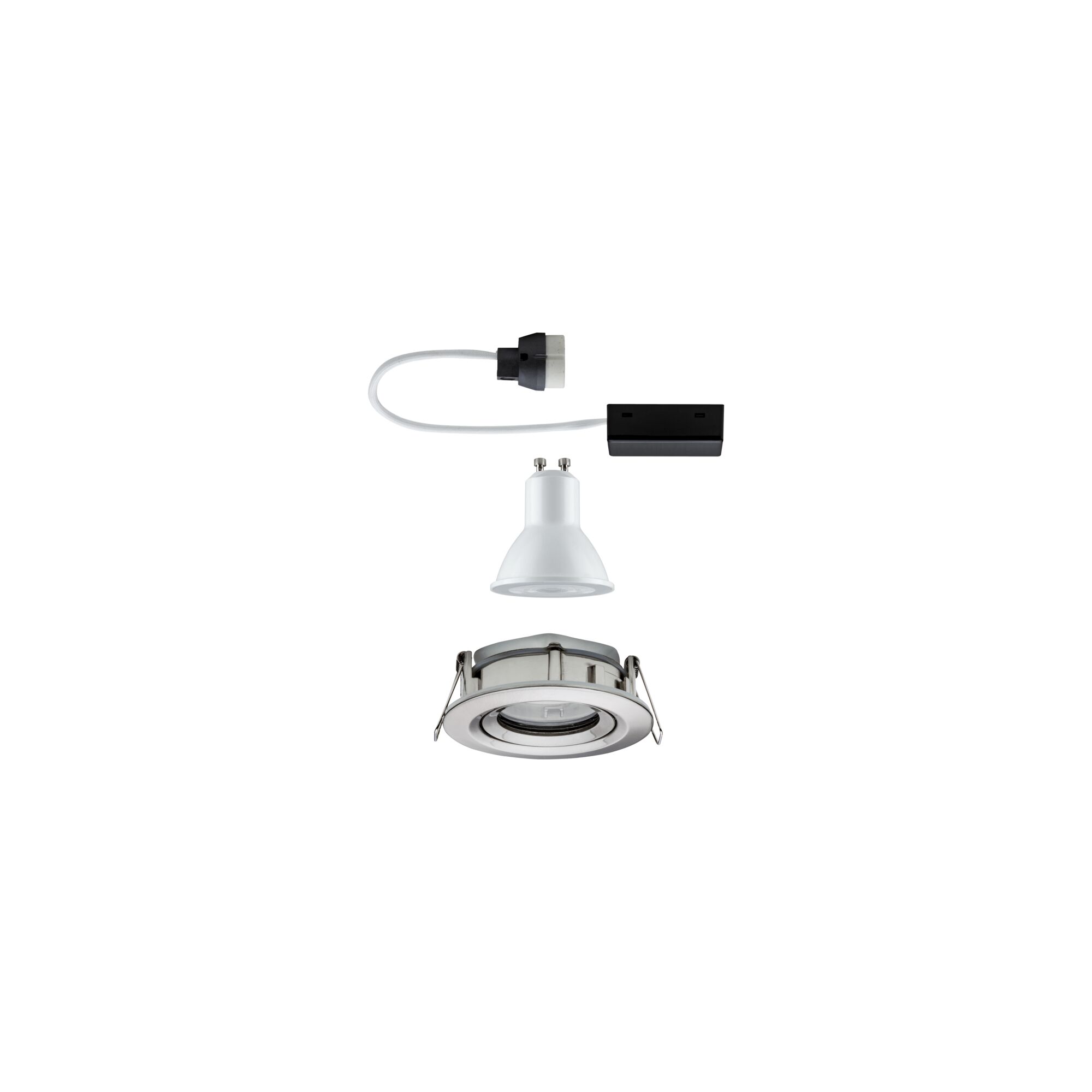 Exploded view of white GU10 LED spotlight insert with silver recessed frame and connection cable.