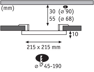 Schéma technique avec dimensions 215x215 mm, profondeur 30 mm, découpe Ø 90 mm pour spot LED encastré.