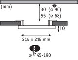 Schéma technique avec dimensions 215x215 mm, profondeur 30 mm, découpe Ø 90 mm pour spot LED encastré.