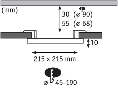 Schéma technique avec dimensions 215x215 mm, profondeur 30 mm, découpe Ø 90 mm pour spot LED encastré.