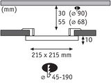 Schéma technique avec dimensions 215x215 mm, profondeur 10 mm, diamètres 90 et 68 mm pour spots LED encastrés