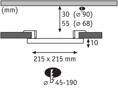 Schéma technique avec dimensions 215x215 mm, profondeur 10 mm, diamètres 90 et 68 mm pour spots LED encastrés