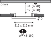 Technische Zeichnung mit Maßen 215x215 mm, Einbautiefe 30 mm, Ausschnitt Ø 90 mm für LED-Einbaustrahler.