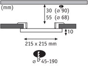 Technical drawing showing dimensions 215x215 mm, installation depth 10 mm, diameters 90 and 68 mm