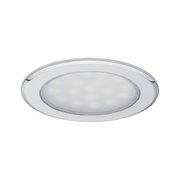 Rundes LED-Einbaustrahler mit chromfarbenem Metallrahmen und milchigem Diffusor für Wohnräume