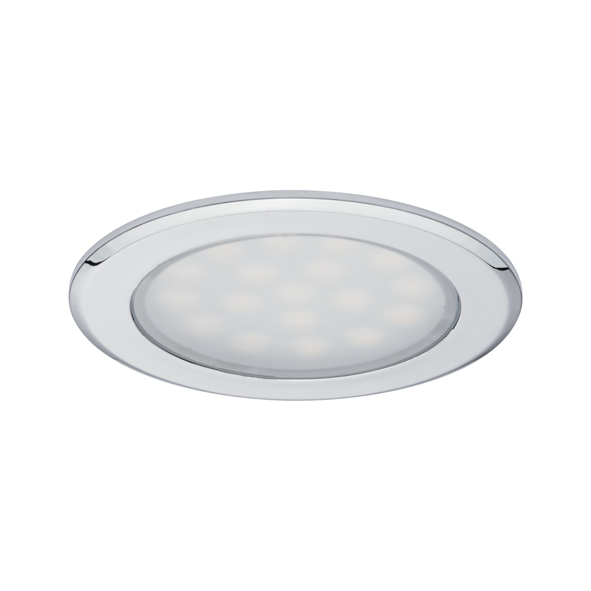 Rundes LED-Einbaustrahler mit chromfarbenem Metallrahmen und milchigem Diffusor für Wohnräume