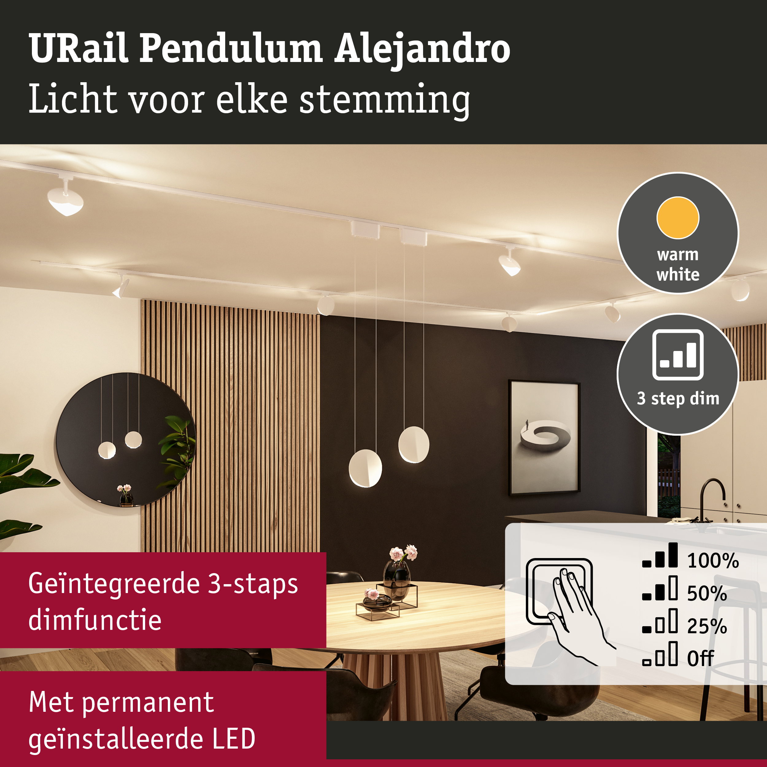 URail Pendulum Alejandro witte LED-plafondlamp met 3-staps dimfunctie en warm wit licht
