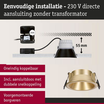 Gouden metalen inbouwspot met 55 mm inbouwdiepte en 230 V directe aansluiting zonder transformator