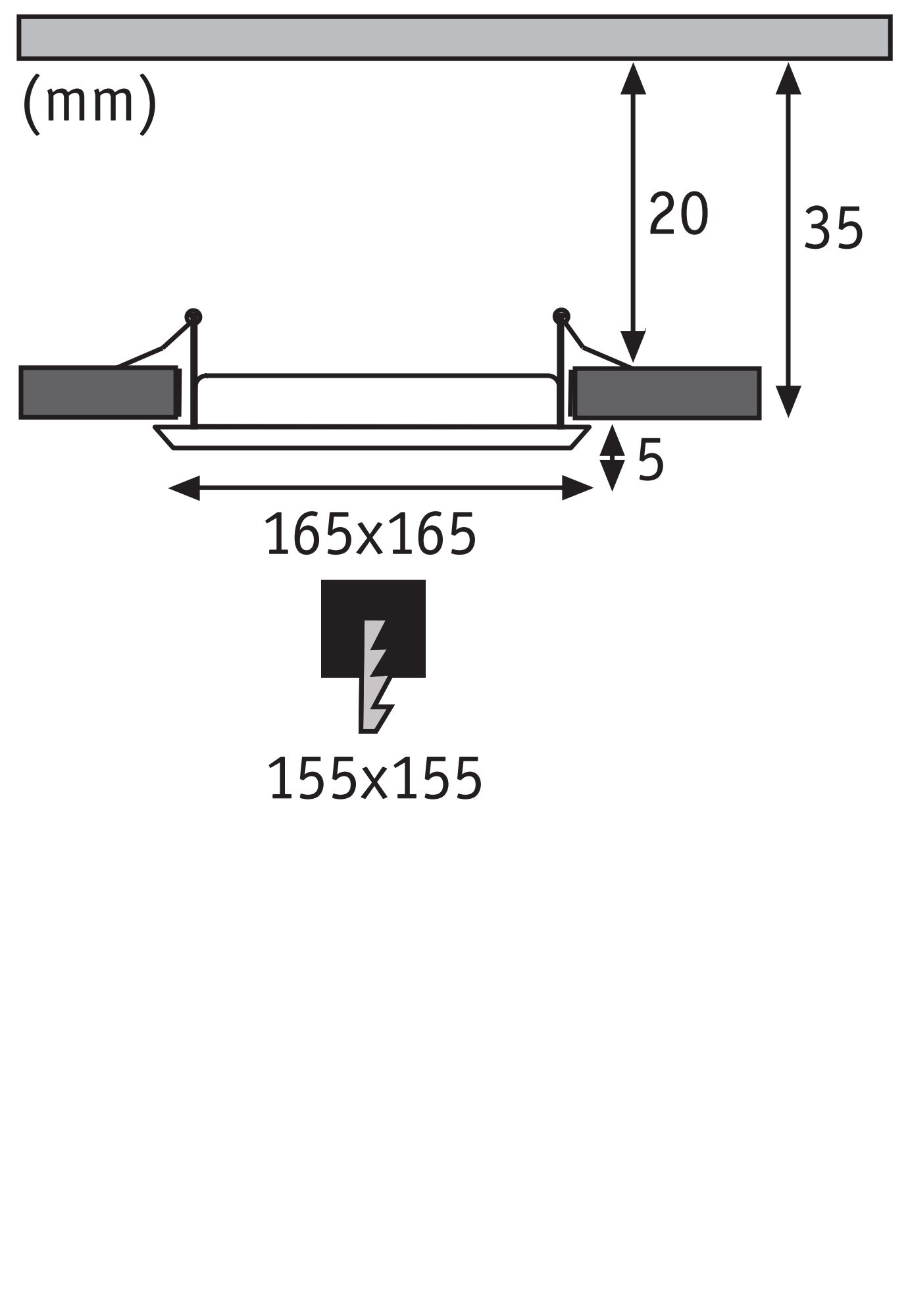 Schéma technique avec dimensions 165x165 mm et profondeur d'installation 35 mm pour spot LED encastré