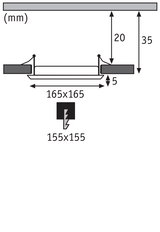 Technical drawing showing 165x165 mm dimensions and 35 mm installation depth for LED downlight