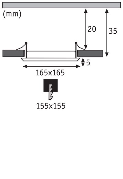 Technical drawing showing 165x165 mm dimensions and 35 mm installation depth for LED downlight
