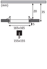 Technical drawing showing 165x165 mm dimensions and 35 mm installation depth for LED downlight