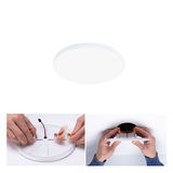 Round white LED ceiling light made of plastic with mounting clips, easy installation for living spaces