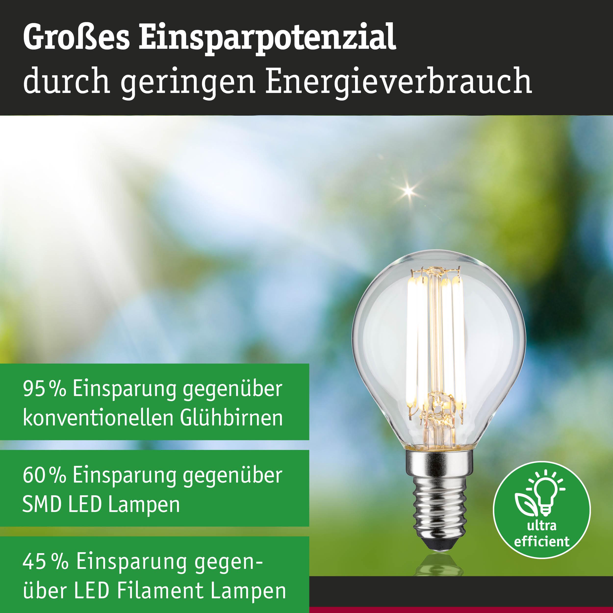 Energiesparpotenzial einer klaren LED-Glühbirne mit E14 Sockel und Filament-Technik