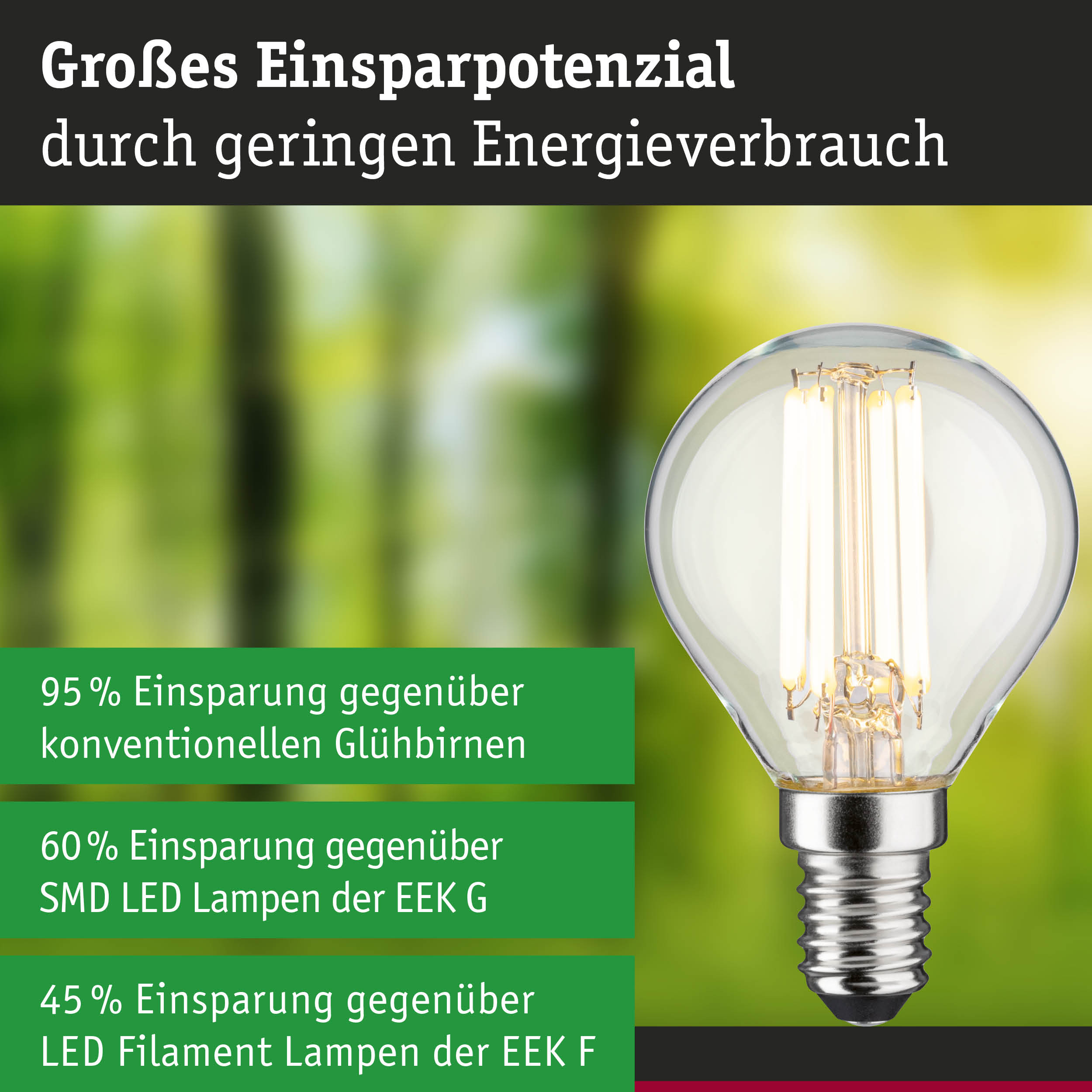 Energiesparlampe mit klarem Glas und sichtbarem LED-Filament, energieeffiziente LED-Glühbirne