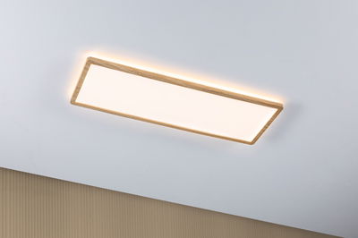 Rechteckige Deckenleuchte mit Holzrahmen und warmweißem LED-Licht für modernes Wohnambiente