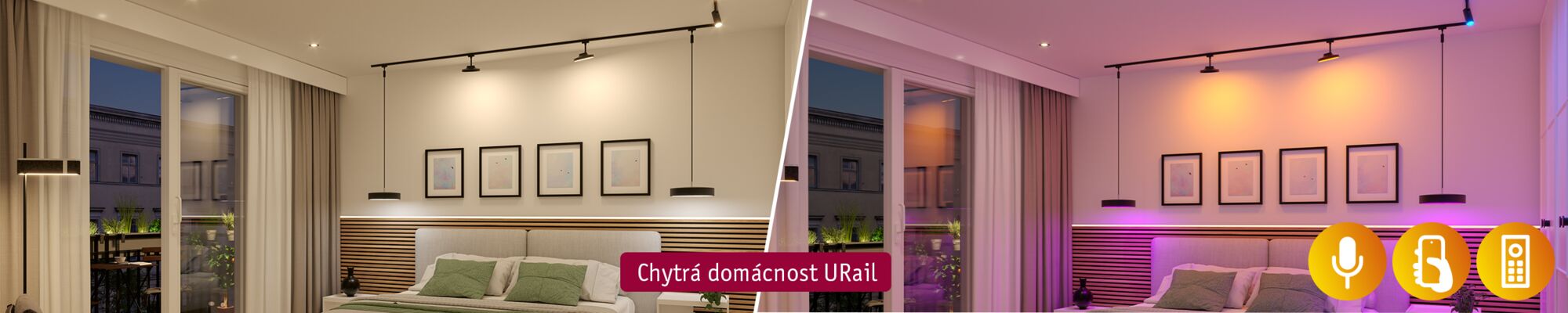 Modernes Schlafzimmer mit URail Smart Home Schienensystem in warmweißem und farbigem Licht