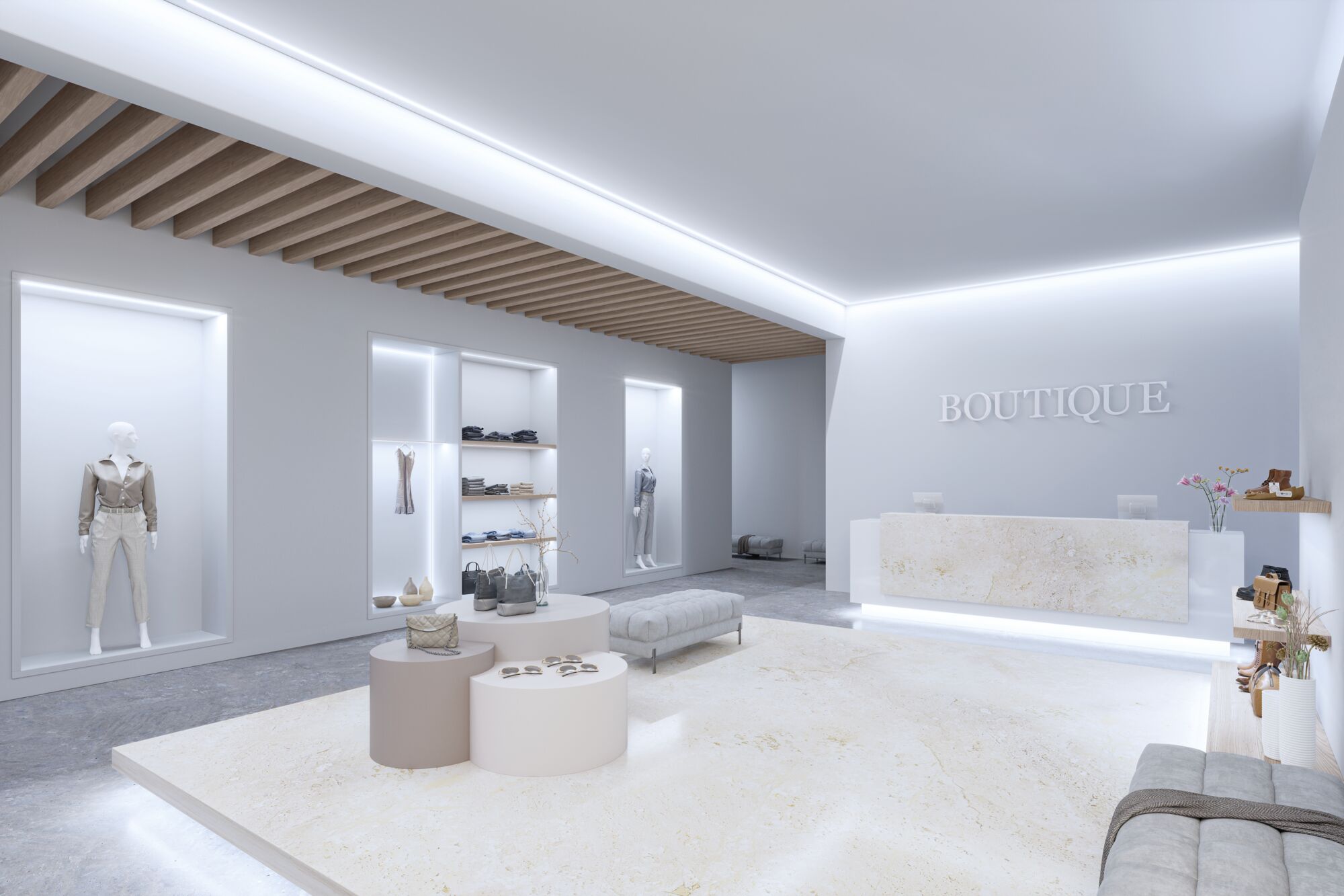 Modern boutique interior with minimalist design, LED ceiling lighting, and stylish fashion accessories