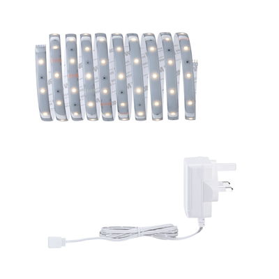 Flexible LED strip with warm white LEDs and white power adapter for indoor lighting solutions