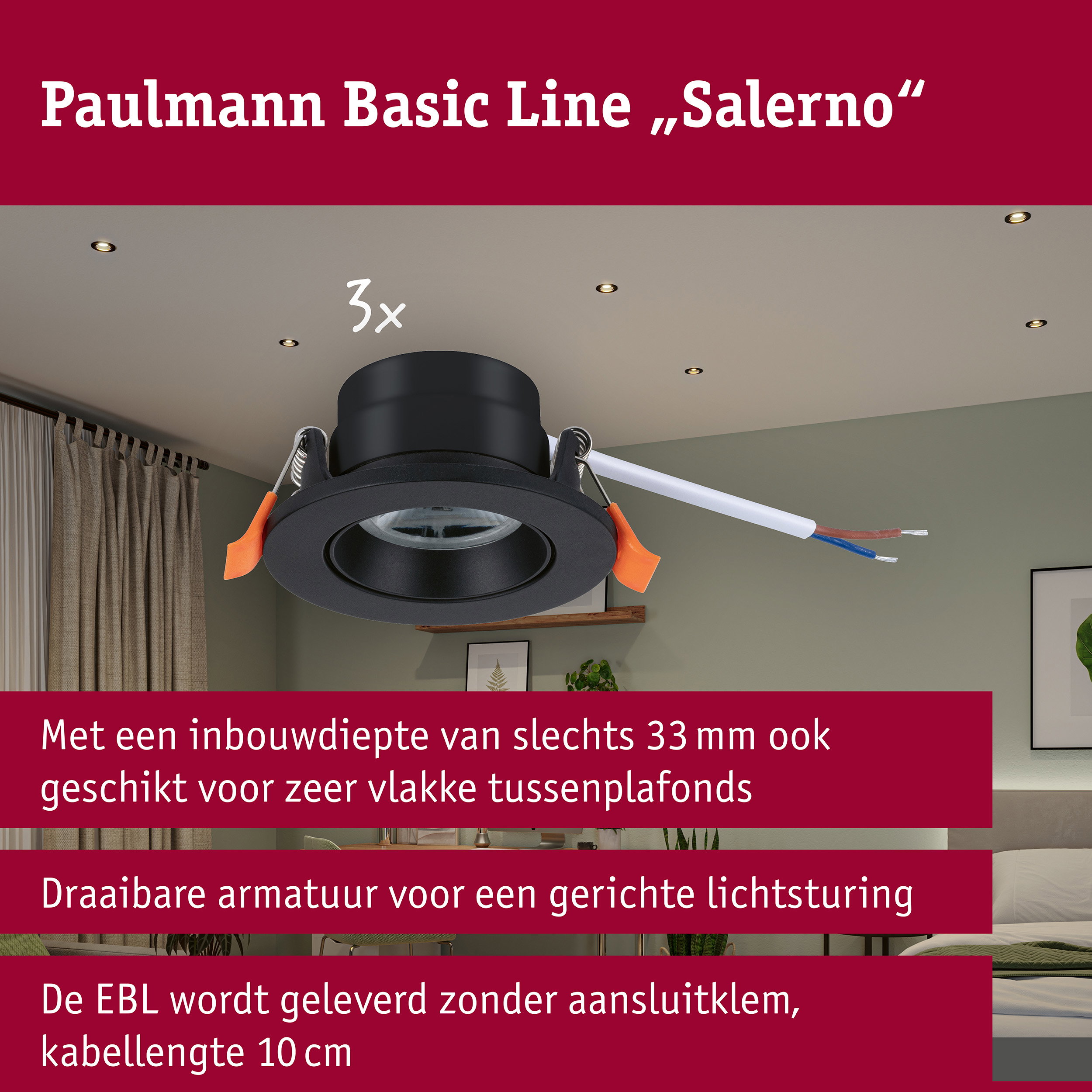LED-inbouwlamp Salerno 4000K 67mm 3x204lm 3x2,9W Zwart mat