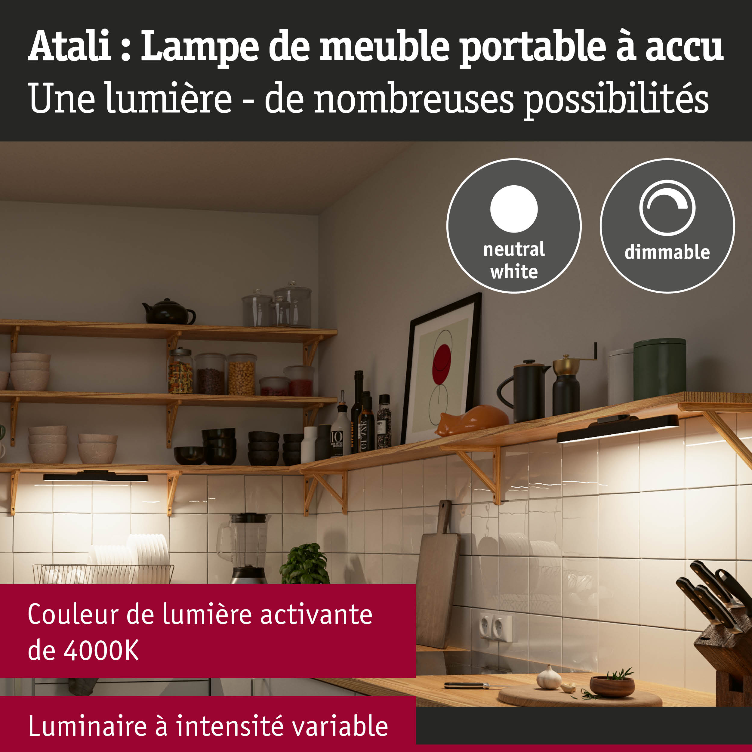 Lampe de meuble portable Atali à accu en blanc neutre avec intensité variable pour éclairage flexible