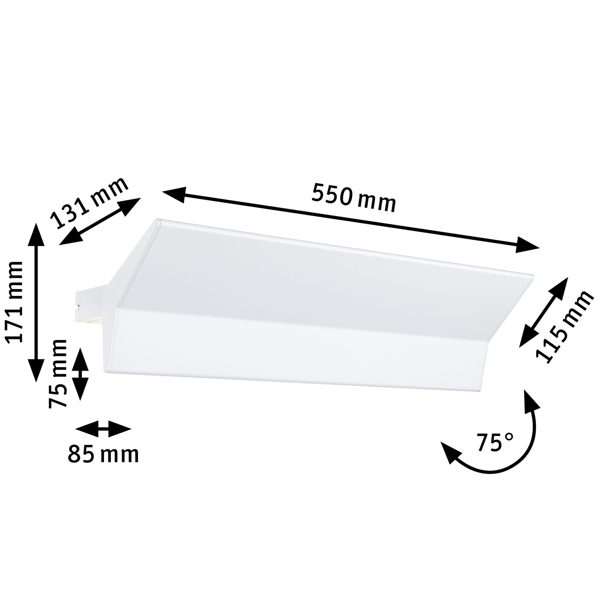 Weißer Aluminium-Wandleuchter mit Abmessungen und 75° Neigung für moderne Innenbeleuchtung