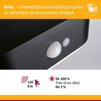 Détecteur de mouvement solaire noir avec angle de détection de 110° et portée de 8 m pour éclairage économique