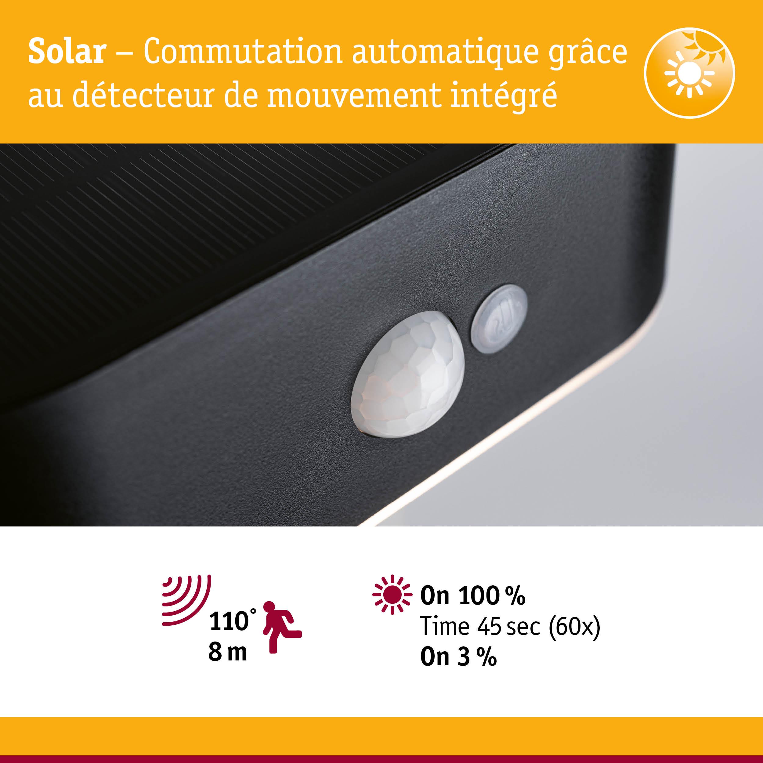 Détecteur de mouvement solaire noir avec angle de détection de 110° et portée de 8 m pour éclairage économique