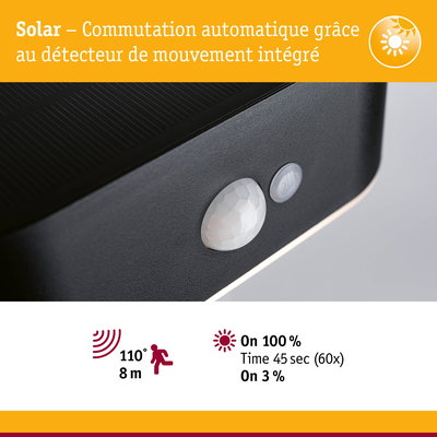 Détecteur de mouvement solaire noir avec angle de détection de 110° et portée de 8 m pour éclairage économique