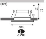 Technical drawing of recessed spotlight with 88 mm diameter and 70 mm installation depth