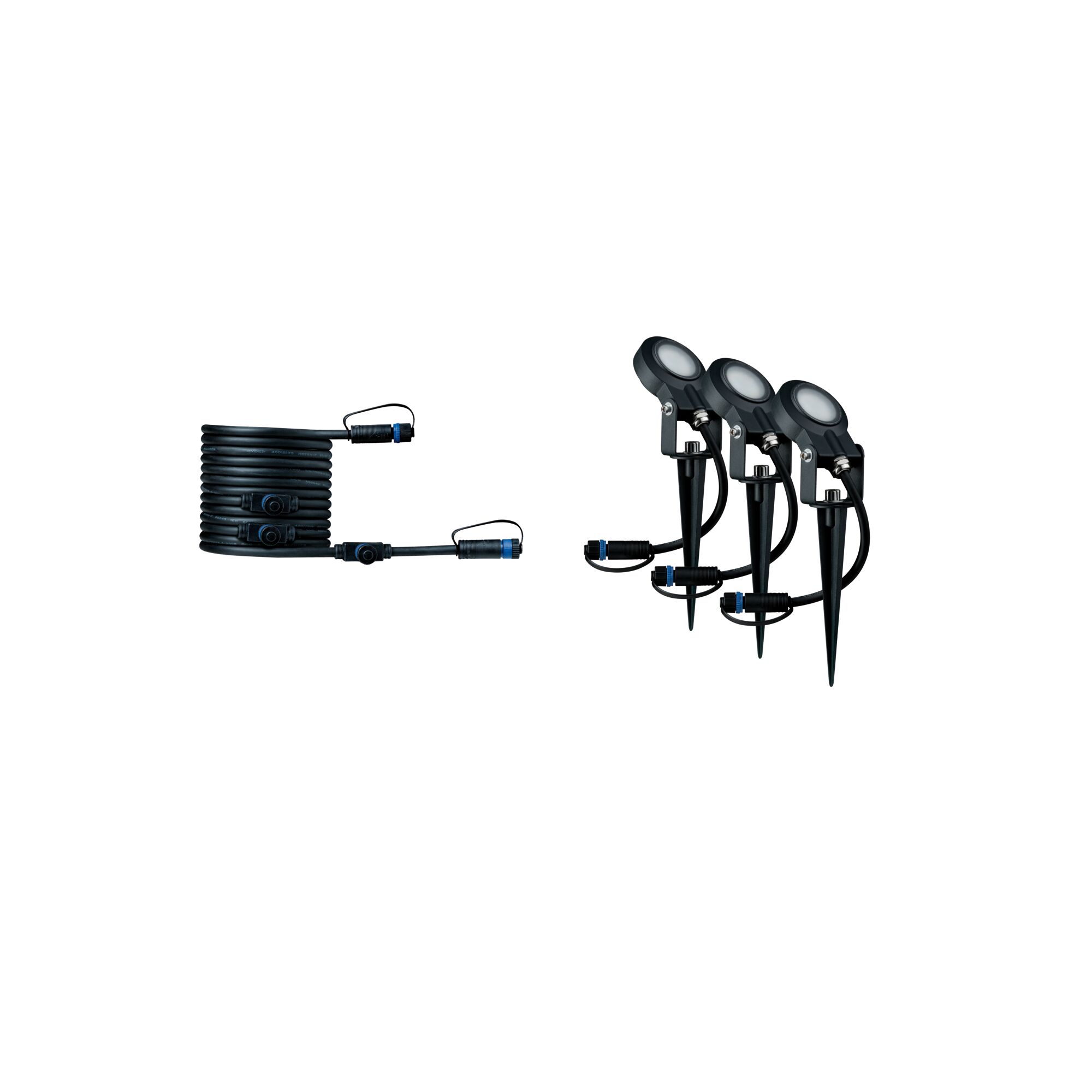 Black LED garden spotlight set with cable and ground spikes for outdoor garden lighting.