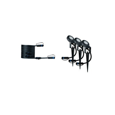 Black LED garden spotlight set with cable and ground spikes for outdoor garden lighting.