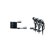 Black LED garden spotlight set with cable and ground spikes for outdoor garden lighting.