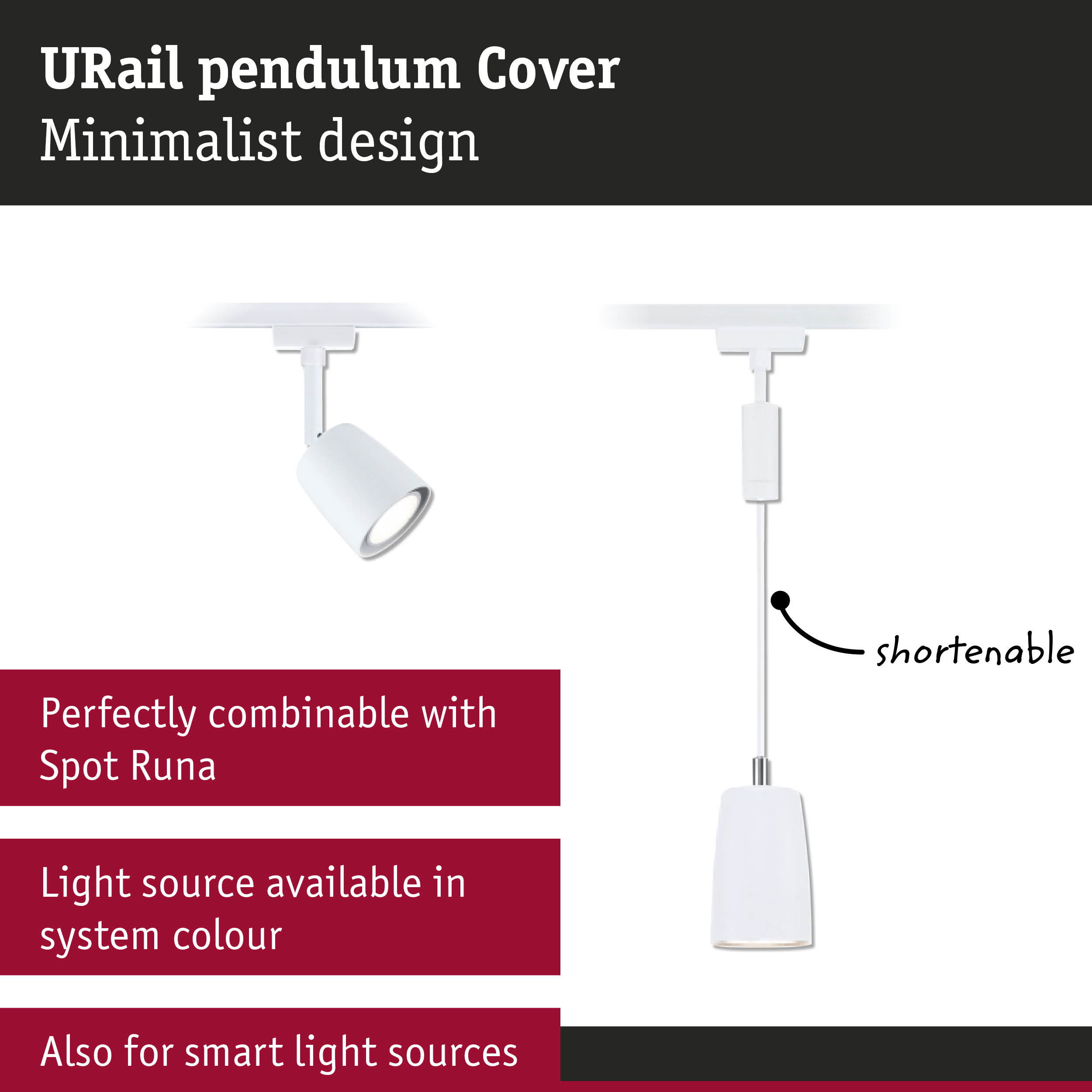Minimalist white URail pendulum cover with shorten cable for Spot Runa lighting system