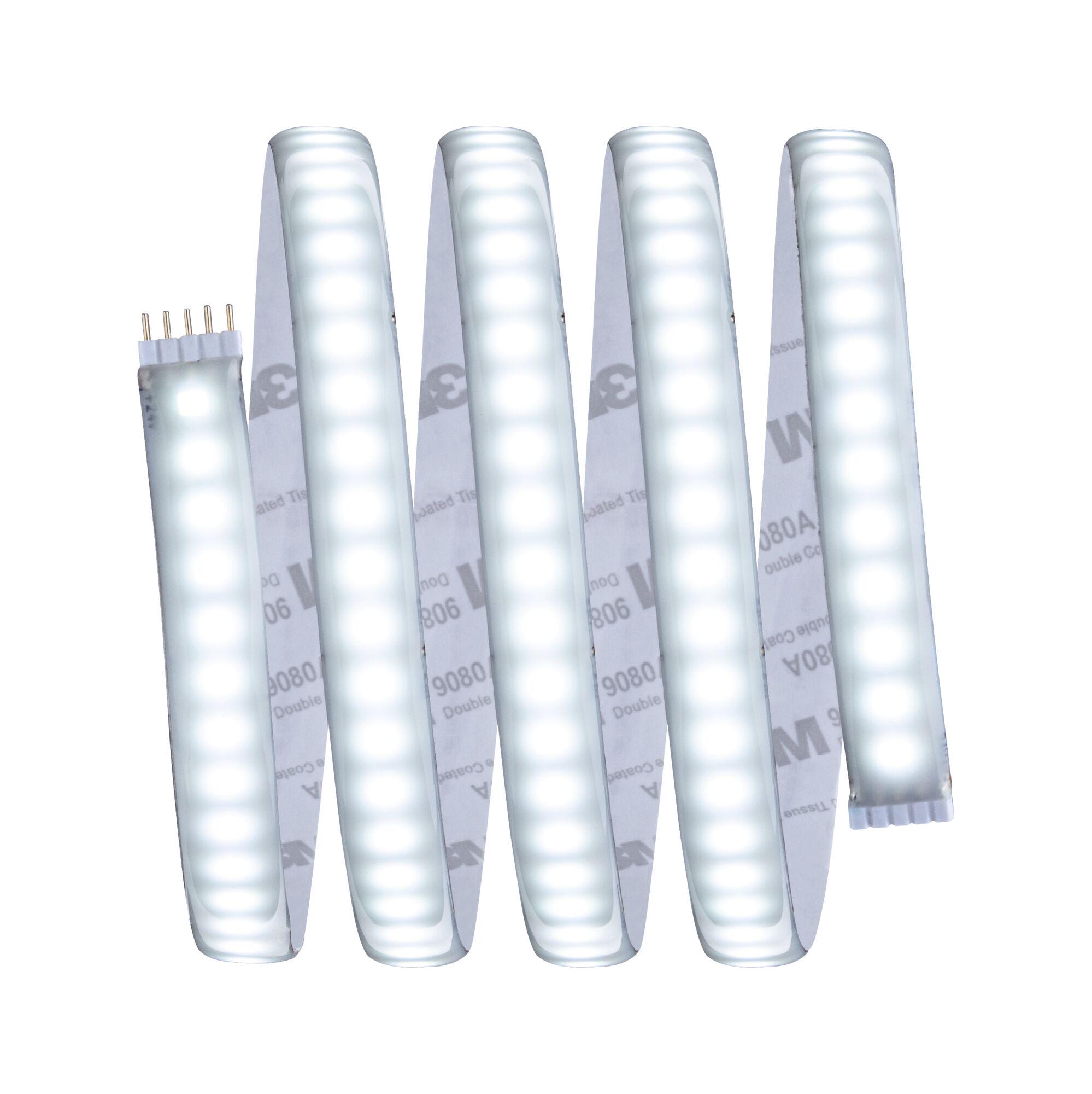 Flexible LED strip light with white LEDs and adhesive backing for versatile lighting solutions.