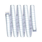 Flexible LED strip light with white LEDs and adhesive backing for versatile lighting solutions.