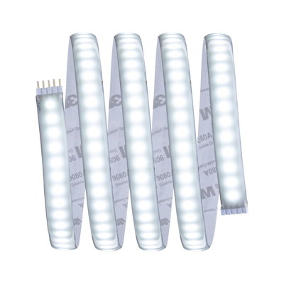 Flexible LED strip light with white LEDs and adhesive backing for versatile lighting solutions.