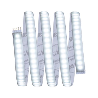 Flexible LED strip light with white LEDs and adhesive backing for versatile lighting solutions.