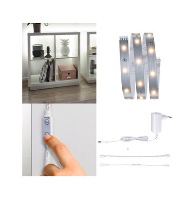White LED strip light with switch and power adapter, perfect for furniture lighting and home accents.