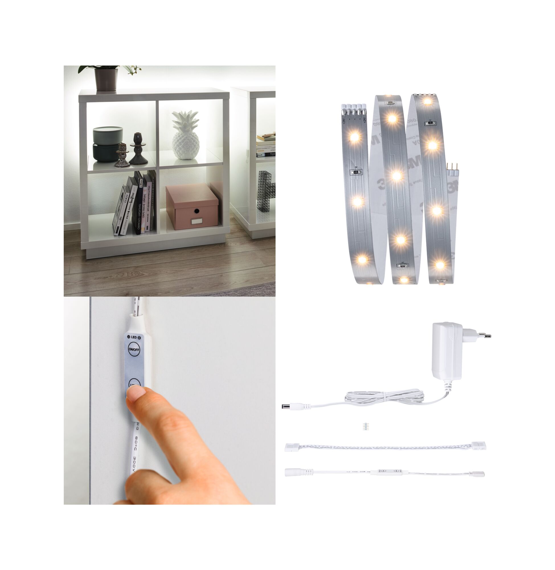 MaxLED 250 Listwy LED Zestaw podstawowy 1m 2700K 4W 300lm/m 2700K 12VA White LED strip light with switch and power adapter, perfect for furniture lighting and home accents.