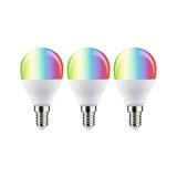 Drie E14 LED-lampen met meerkleurige RGB-bovenkant voor slimme verlichting.