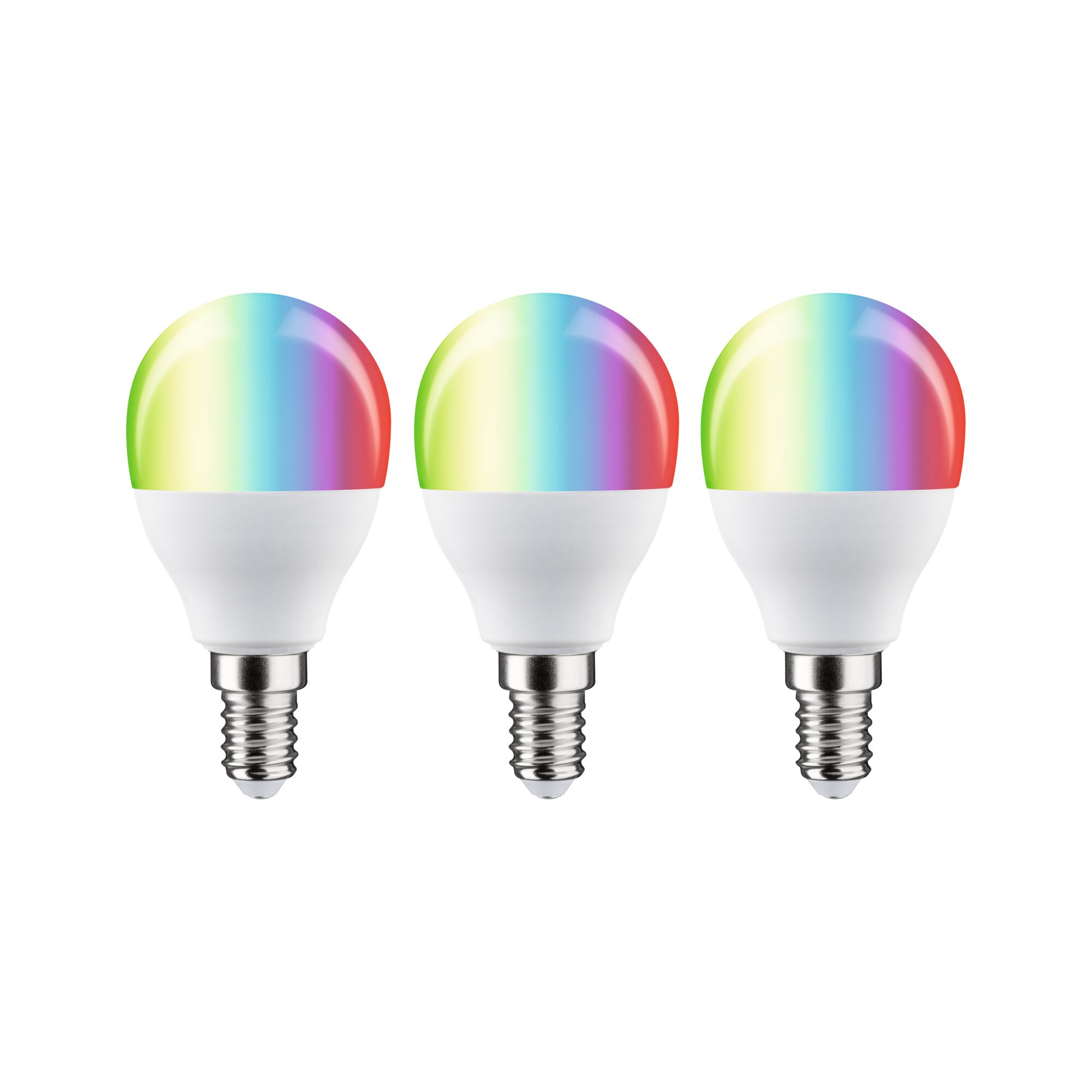 Three E14 LED bulbs with multicolor RGB tops for smart home lighting solutions.