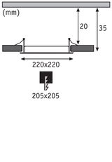 Technische tekening met afmetingen 220x220 mm en inbouwdiepte 35 mm voor LED-inbouwspot.