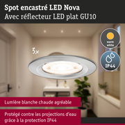 Spot encastré LED Nova avec réflecteur plat GU10, finition argentée, lumière blanc chaud, protection IP44