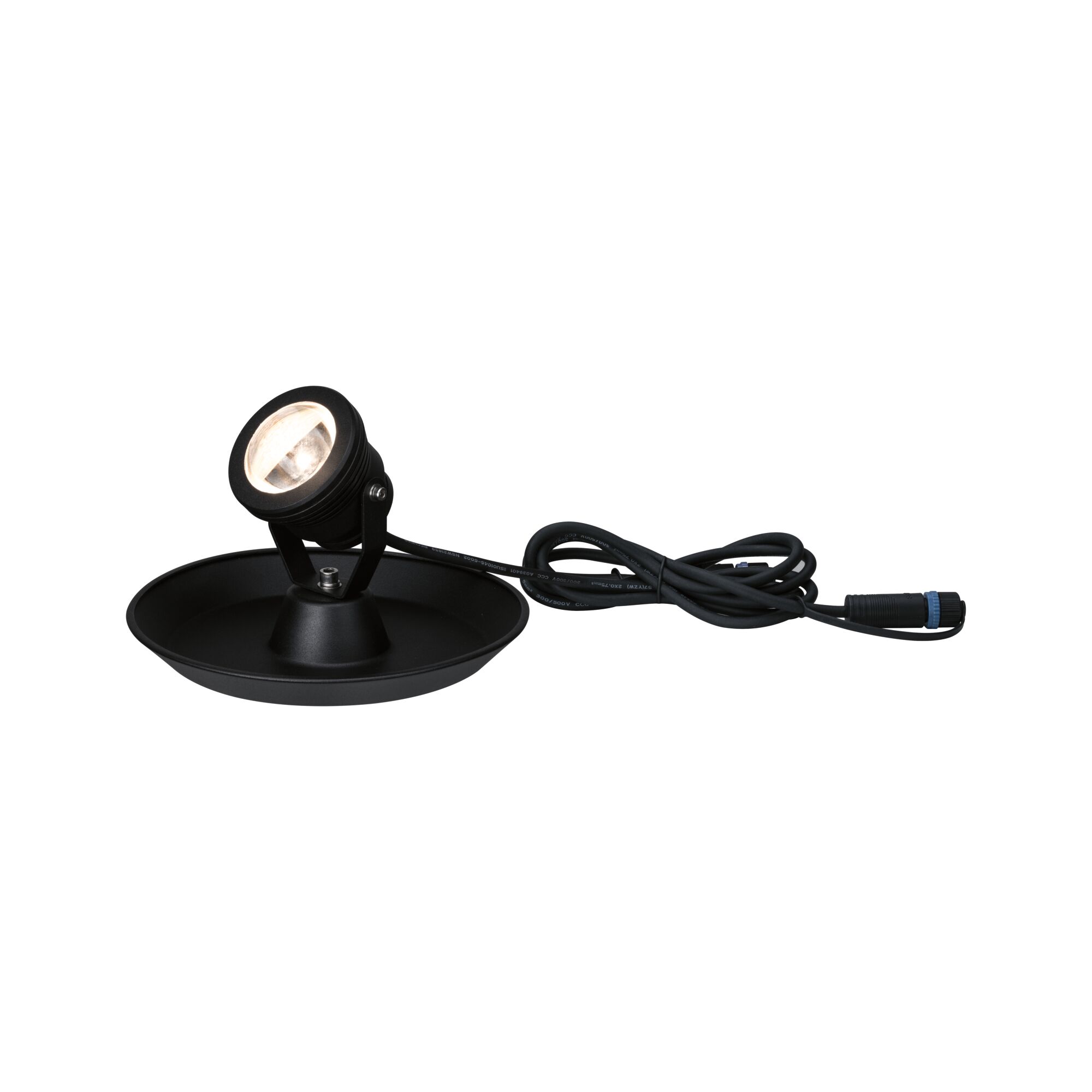 Schwarze LED-Außenleuchte mit rundem Sockel und langem Kabel für Gartenbeleuchtung