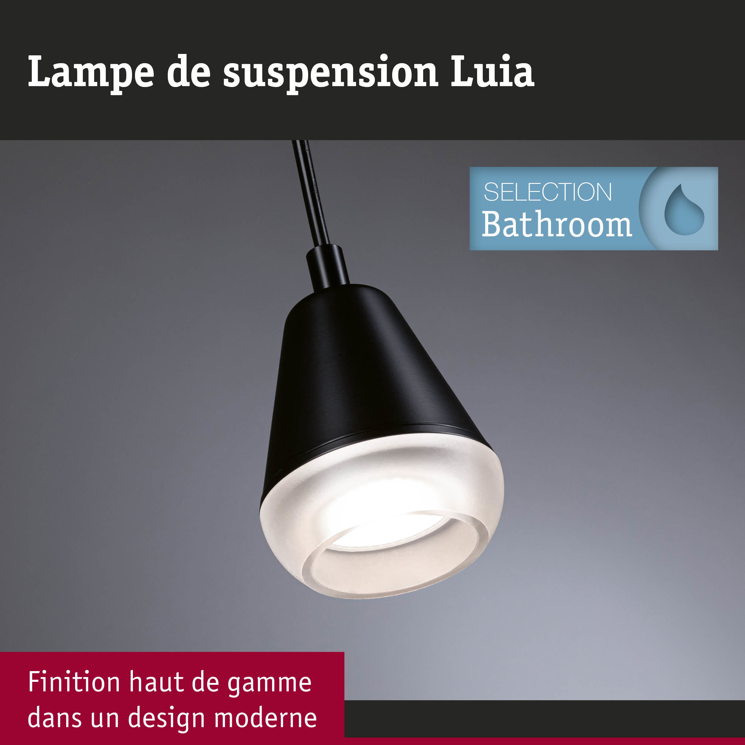 Lampe suspension noire Luia avec verre blanc pour éclairage de salle de bain moderne