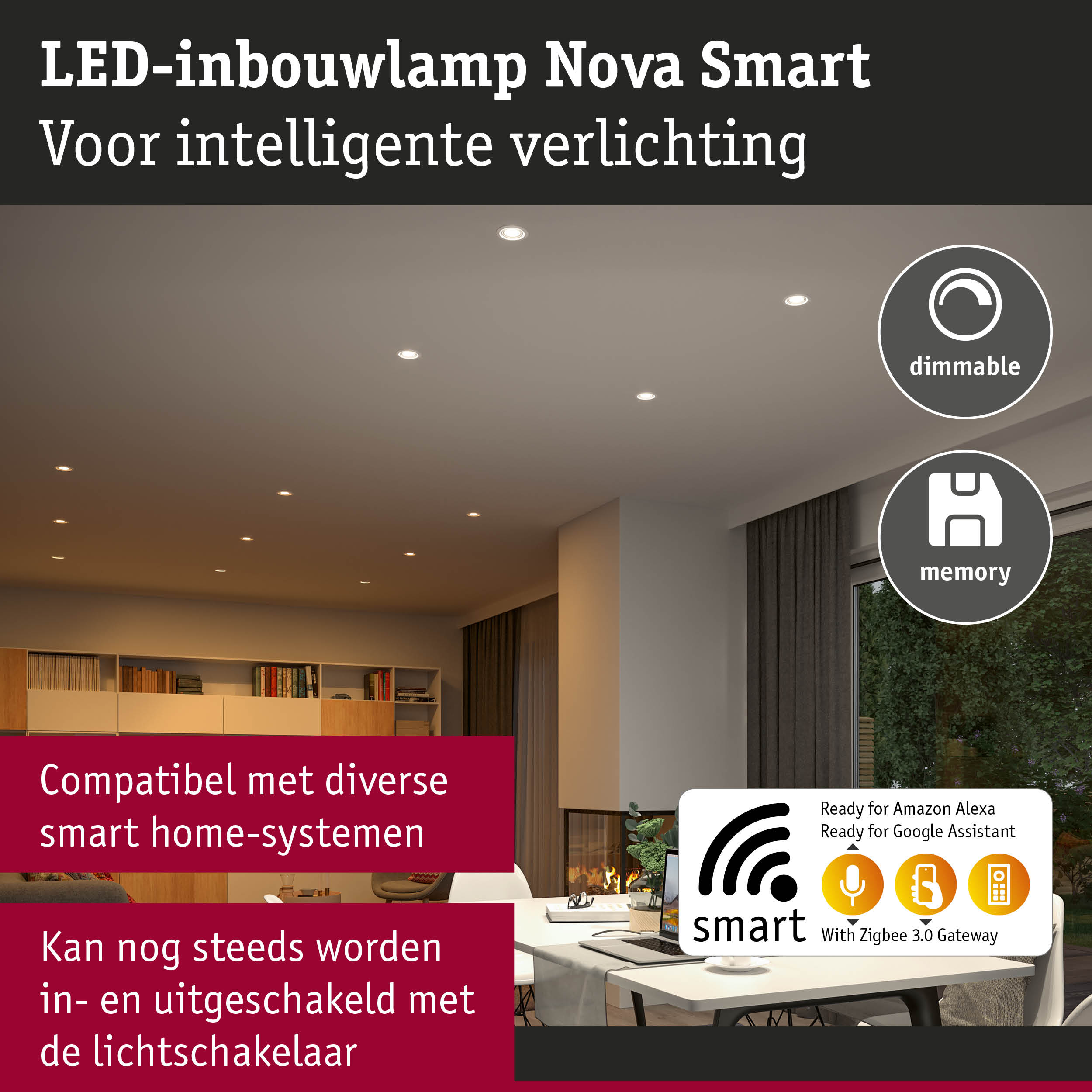 LED-inbouwlamp Nova Smart dimbaar met geheugenfunctie voor slimme verlichting en Zigbee 3.0 gateway