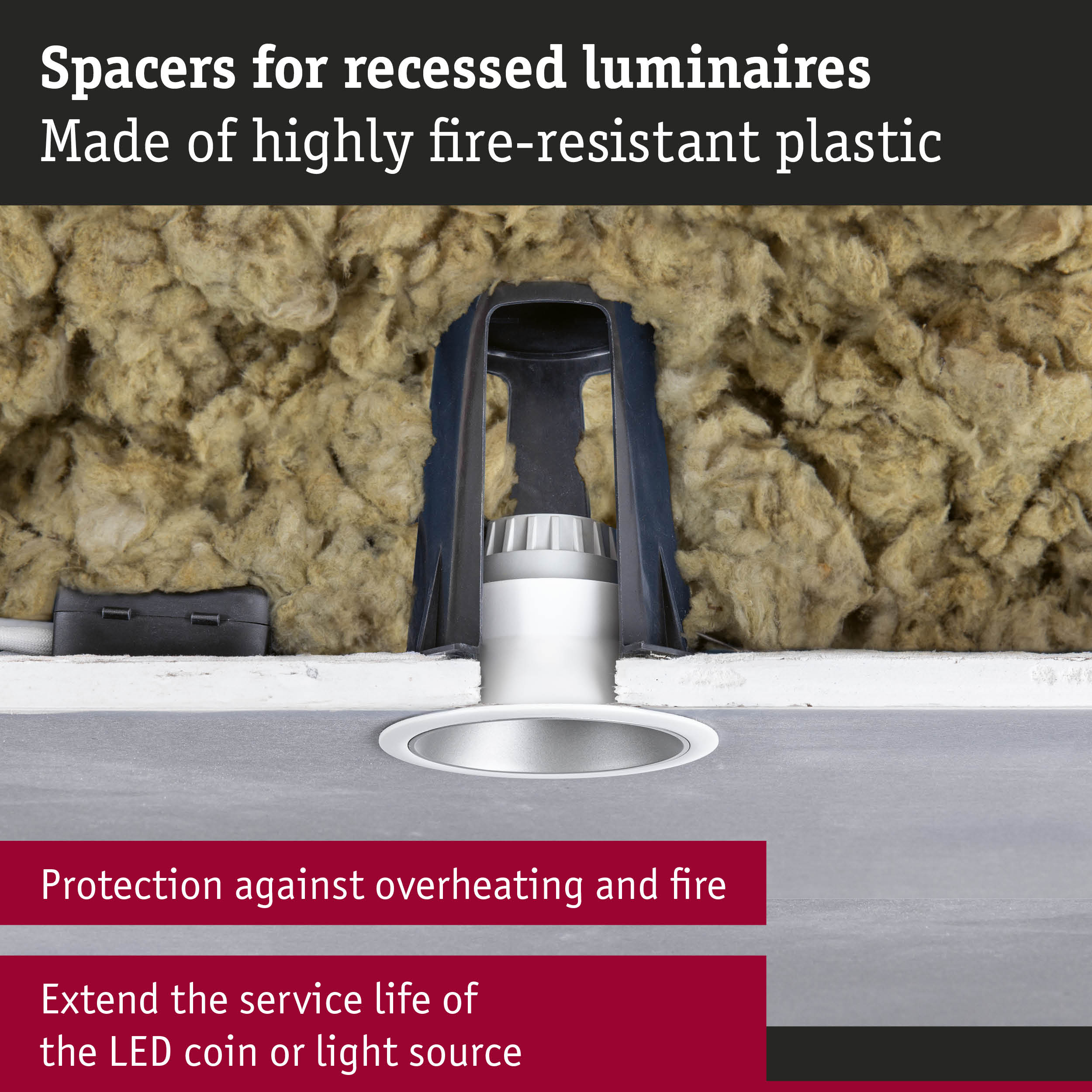 Black fire-resistant plastic spacer for recessed luminaires with insulation and LED light source