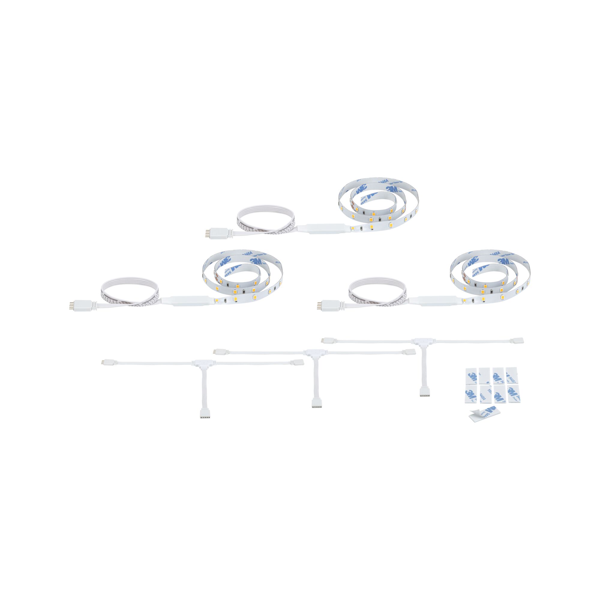 Set aus weißen LED-Lichtbändern mit Steckverbindern und Klebepads für flexible Beleuchtungslösungen